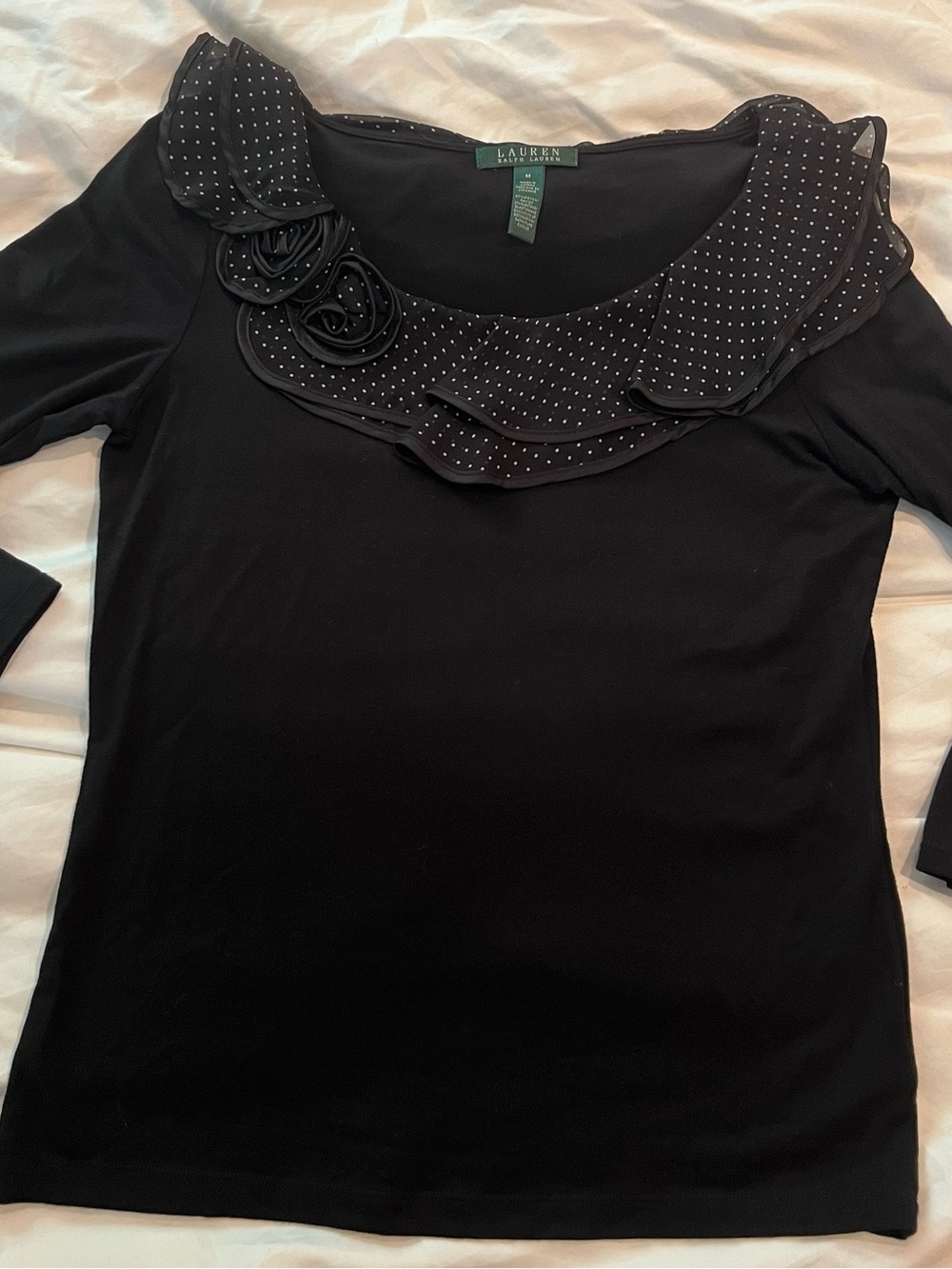 Ralph Lauren Black Polka Dot Scoop Neck Top with Rosette